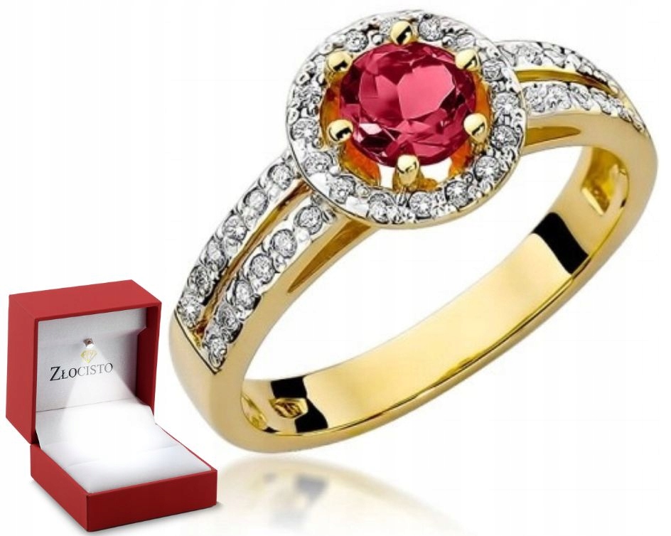Zlatý Prstýnek Rubín A Diamanty Gravírování 0,585