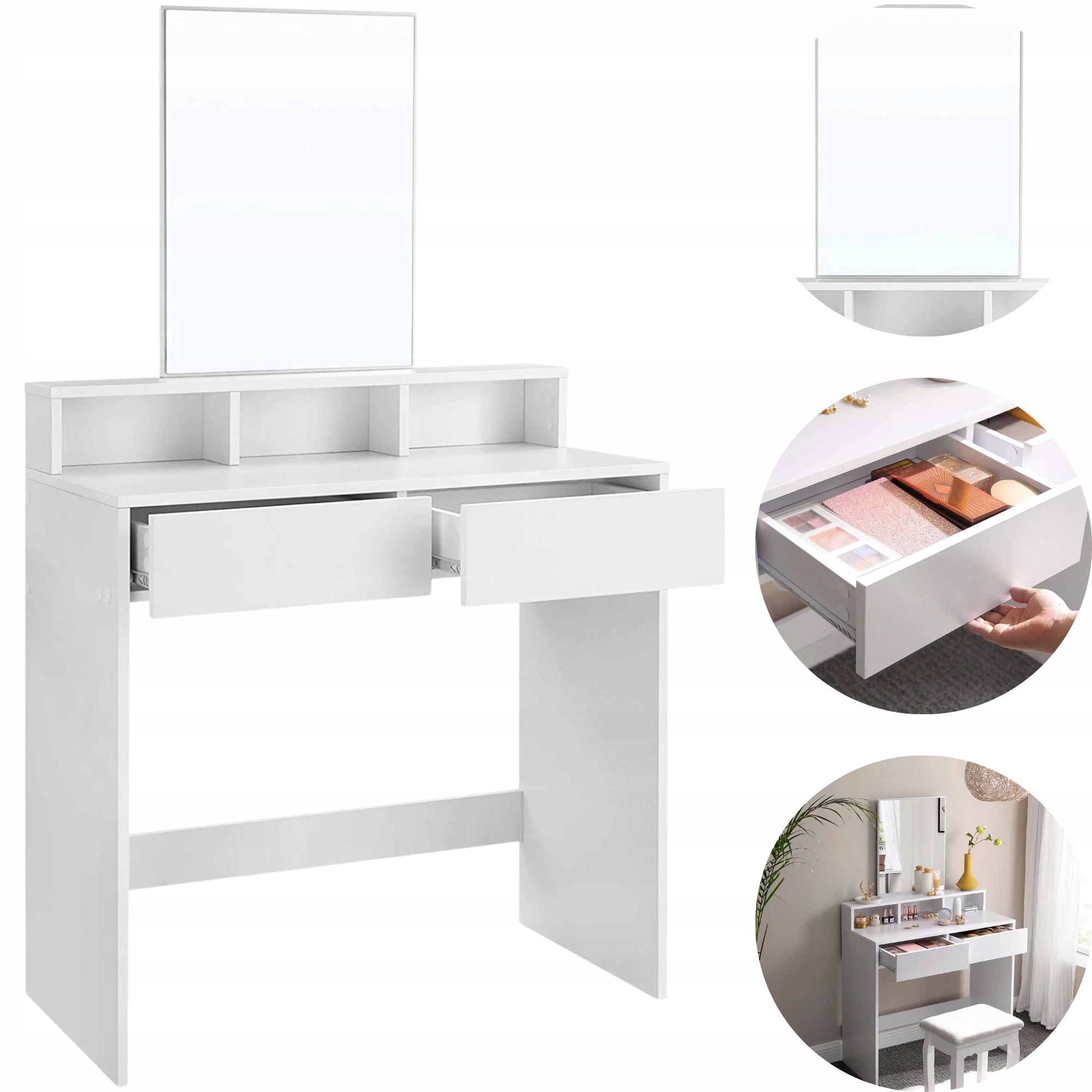 Toaletní Stolek s velkým zrcadlem Pro Ni, 3 police, 2 Zásuvky, stylový, spousta místa