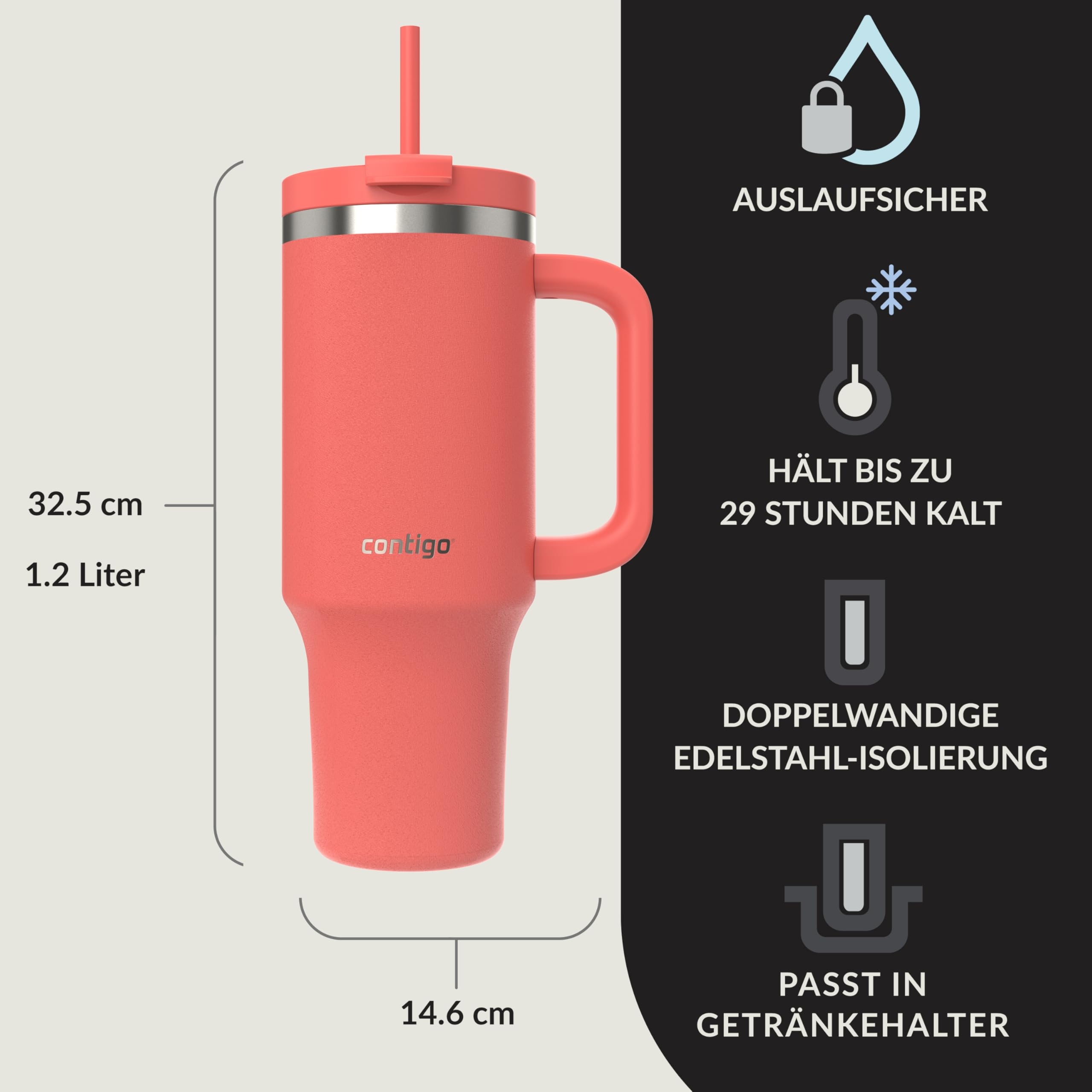 CONTIGO Butelka Termiczna Stalowa 1200ml Z Uchem I Słomką BPA Free — miniatura 2