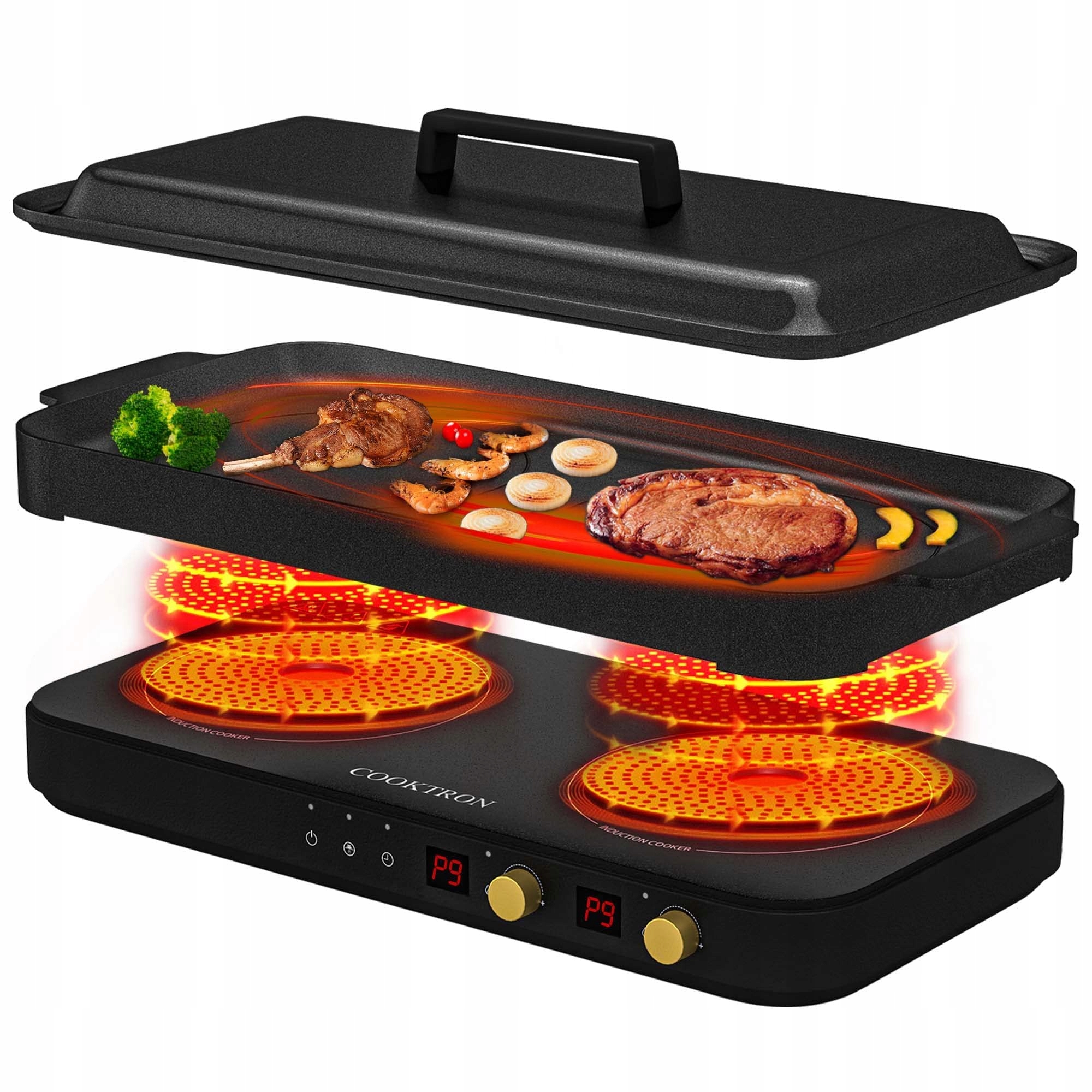 Cooktron Płyta Indukcyjna 2 Palniki 1800W Żeliwny Grill Bez Dymu