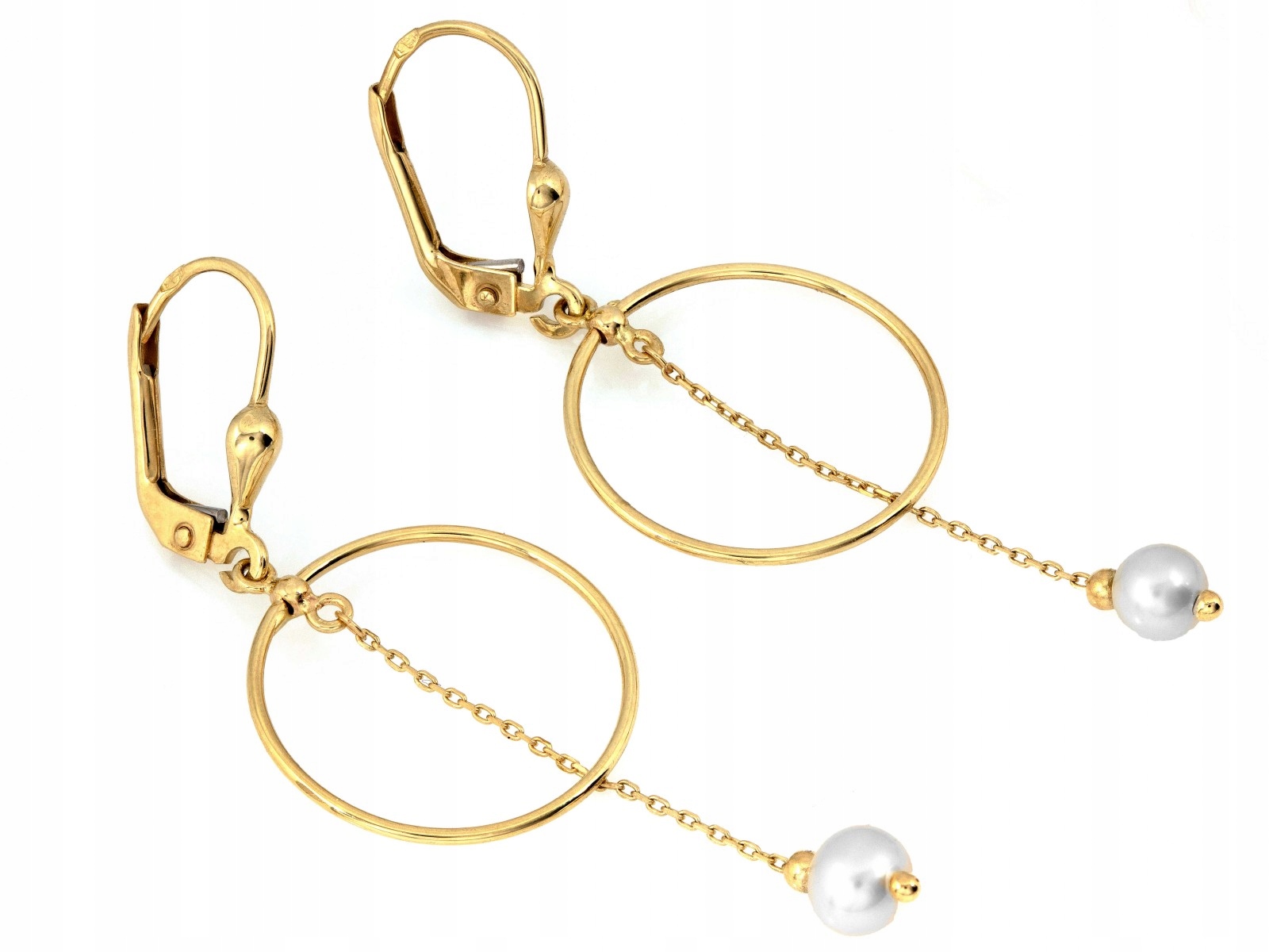 Anglické zlaté 585 náušnice s visícím řetízek s perličkou a kroužkem 14kt
