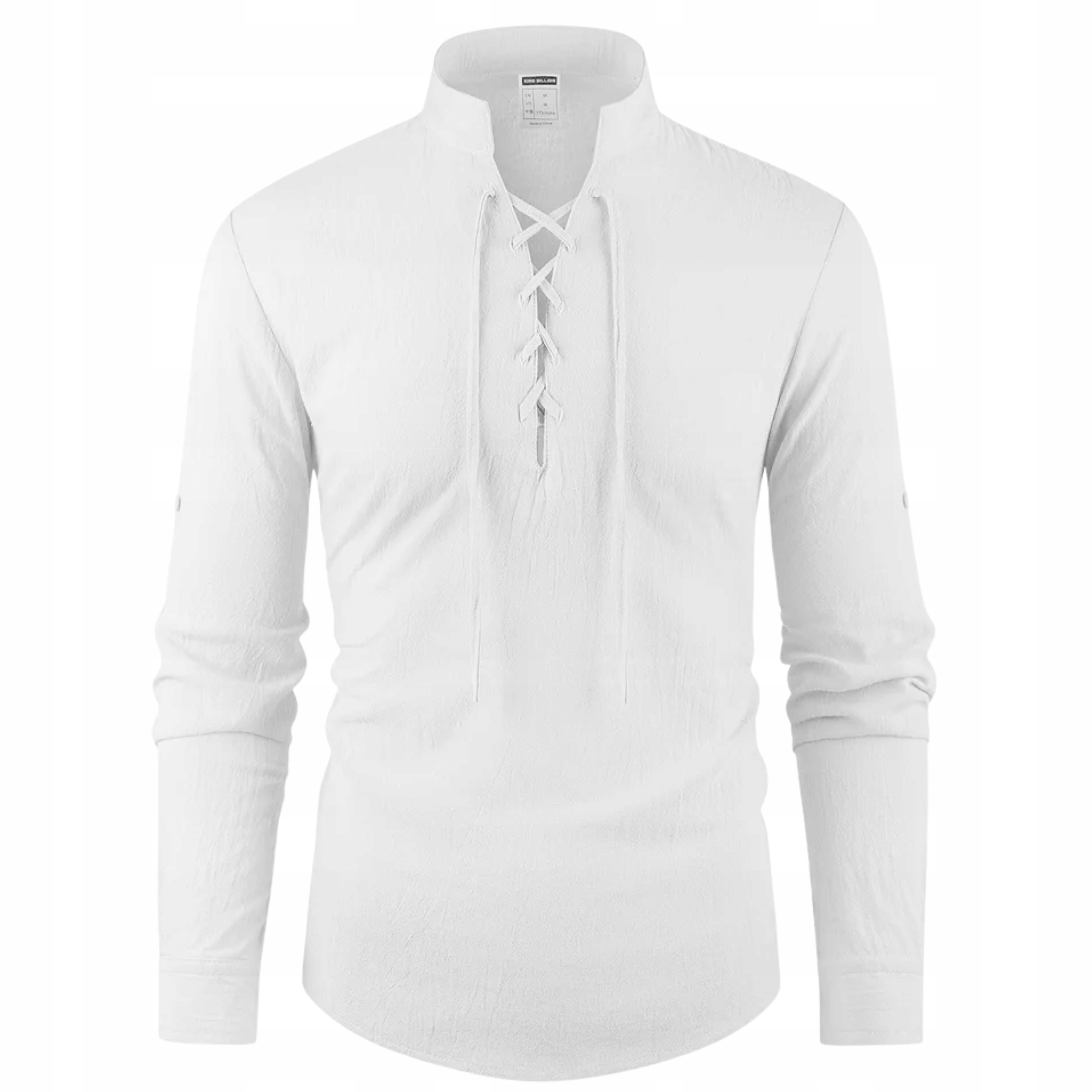 Lniana męska koszula z wiązaniem casual stójka lekka przewiewna na lato