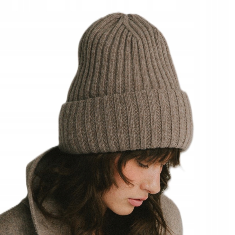 Dámská vlněná čepice s Kašmírem a žebrováním čepice s ohybem Hnědá Aquila Loman Polska