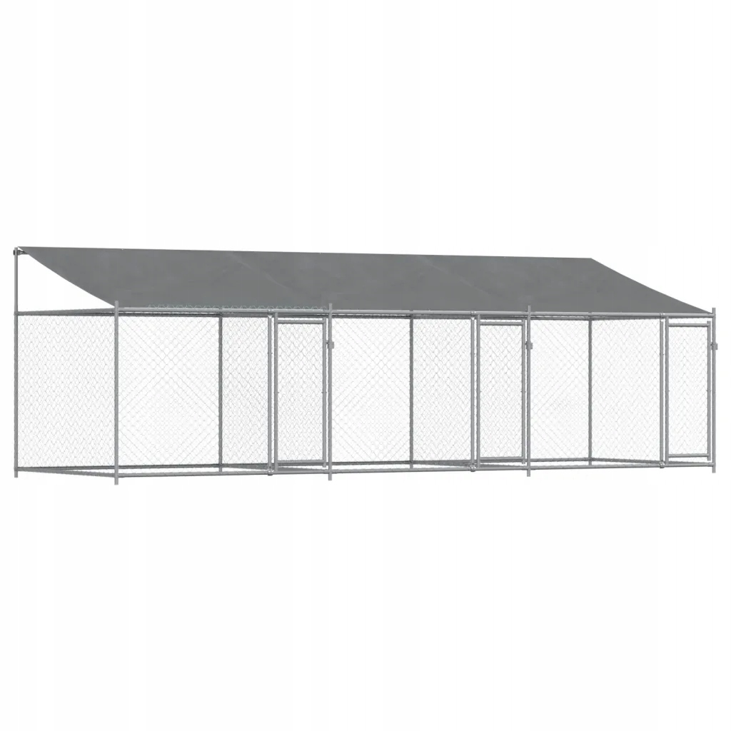 Levně Klec pro psa se střechou a dveřmi, šedá, 6x2x2 m, ocel