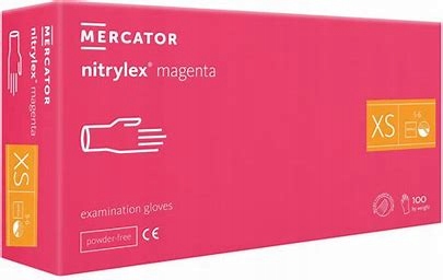 RĘKAWICE NITRYLOWE RÓŻOWE BEZPUDROWE, MERCATOR MAGENTA Rozmiar XS, 100sztuk