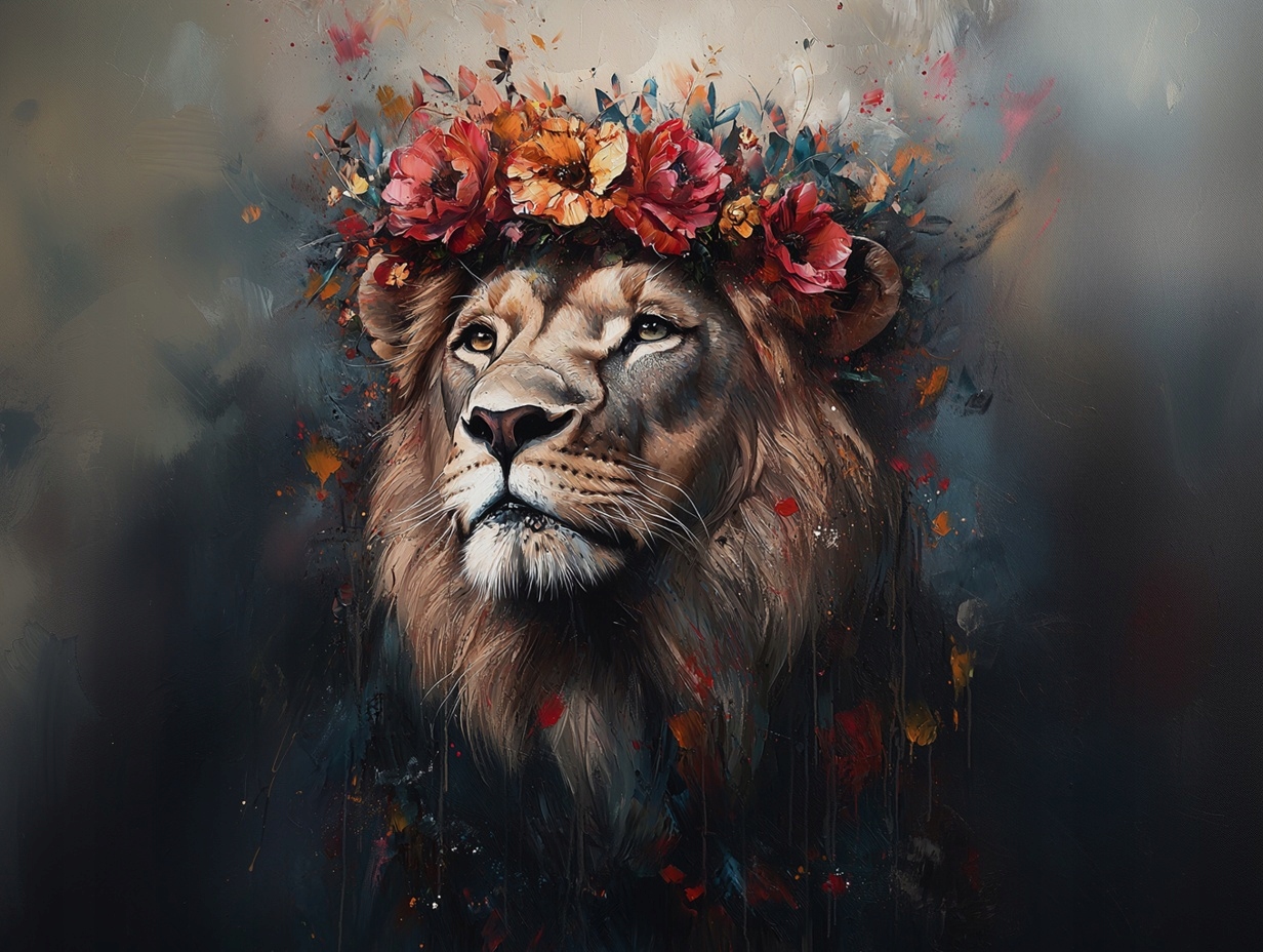 Obraz Na Plátně Canvas Portrét Zvířete Lev Král Věnec Květiny Boho 100x75