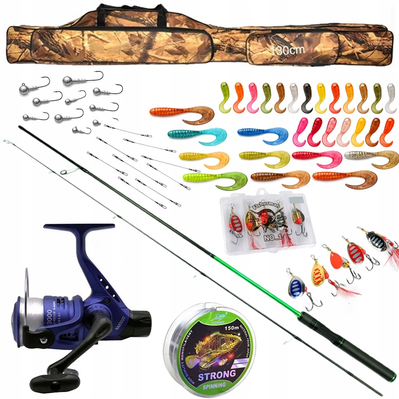 bogaty Zestaw Wędkarski spinning Wędka Okoń kołowrotek 35 przynęt Torba