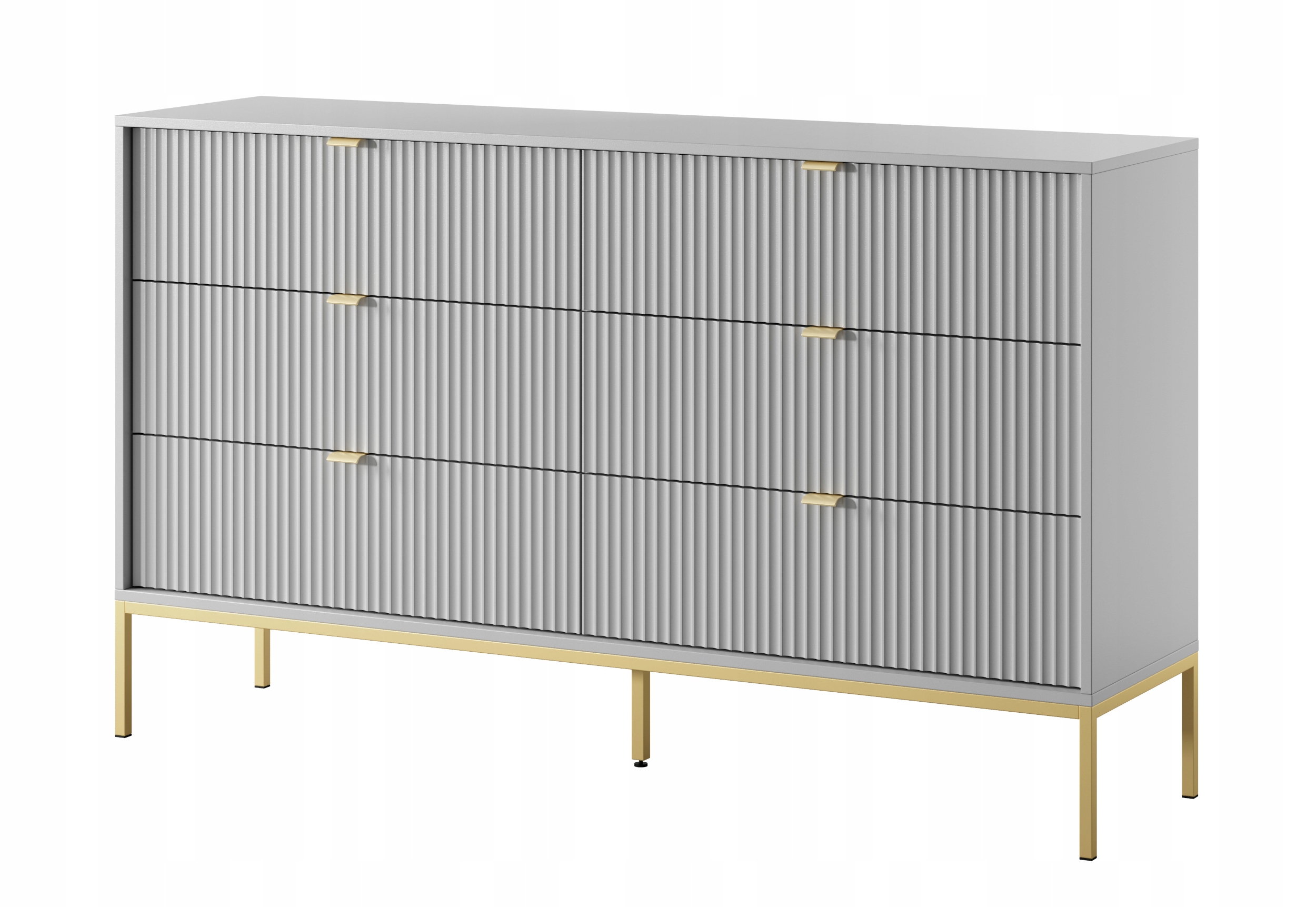 Šestizásuvková komoda Vellore 154 cm šedá s rýhovaným čelem, zlatý rám