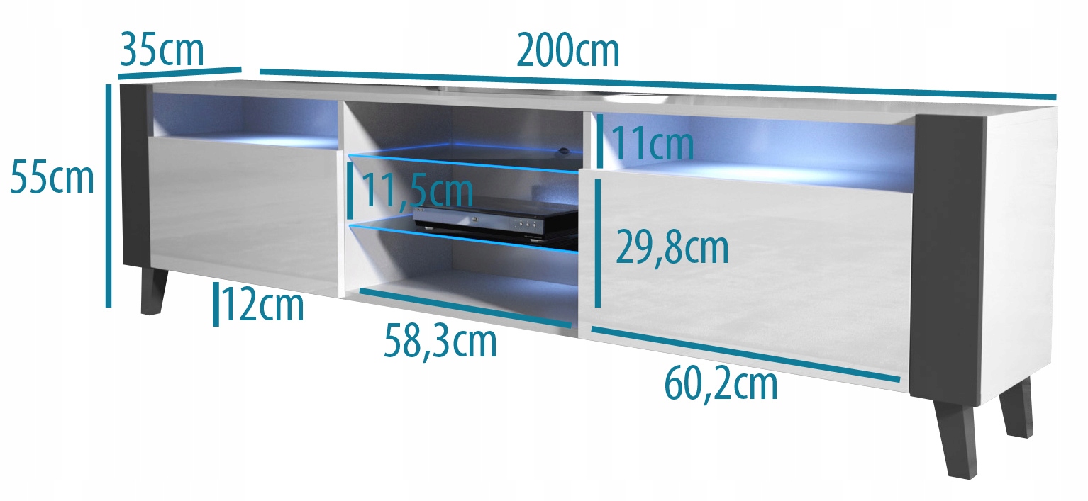 Komoda półka Szafka RTV 200cm biały + połysk + LED Głębokość mebla 35 cm