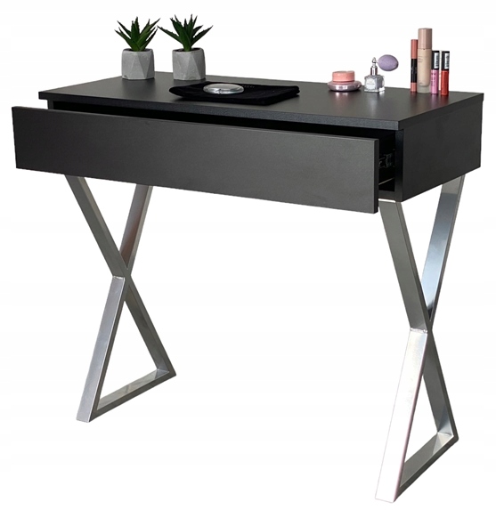 Toaletka Čierna Matná Zásuvka Strieborná X Nožičky 90 CM