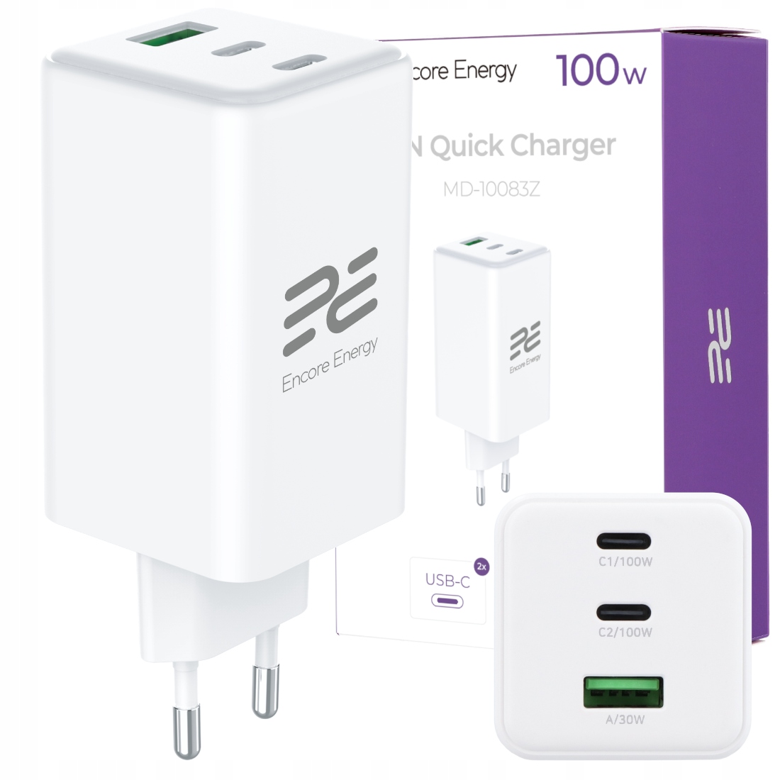 Szybka ładowarka GaN 3x Usb potrójna Qc Pd Usb-c Usb-a Encore Energy 100W