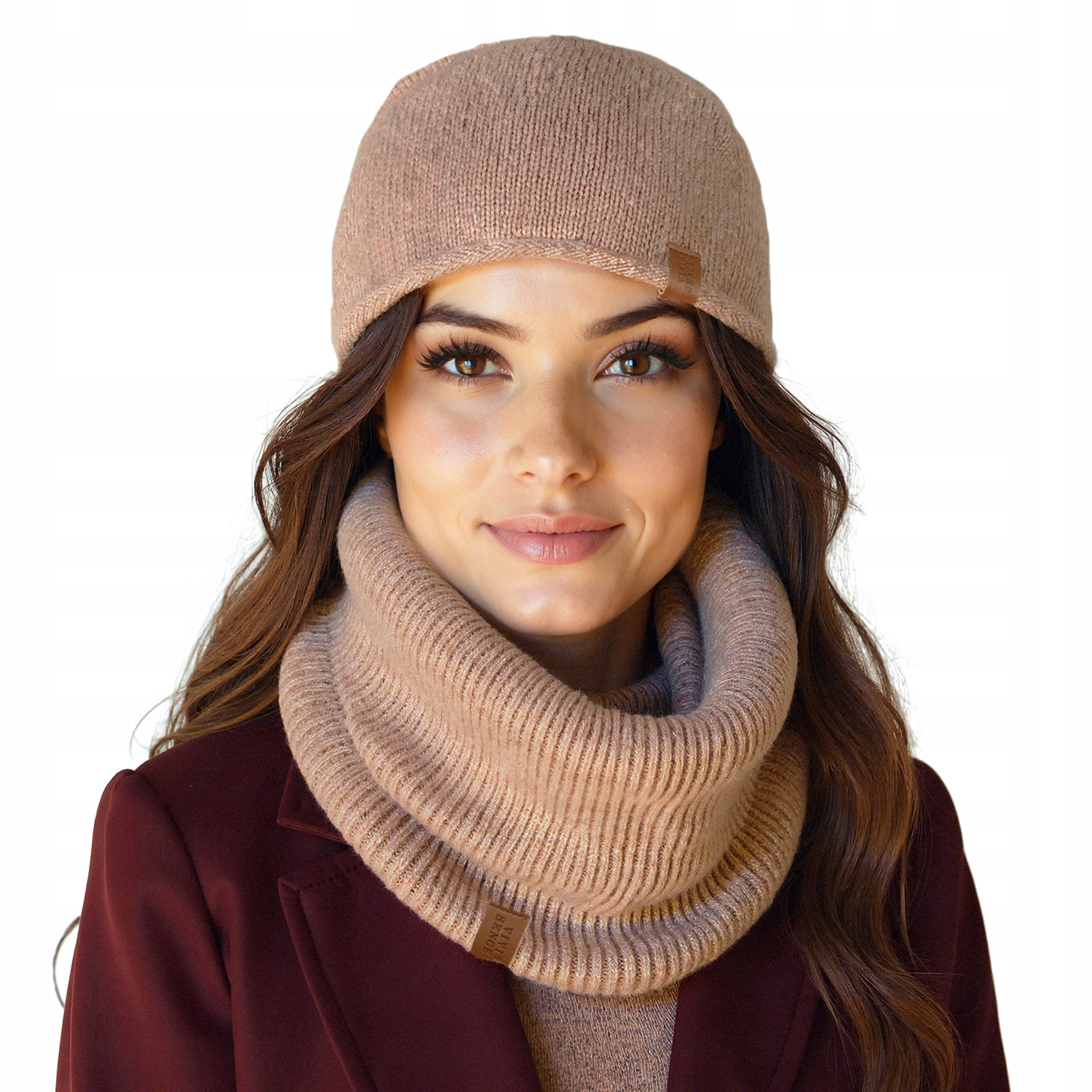 Vivisence 70115Kmpl béžová merino vlněná teplá čepice nákrčník Set