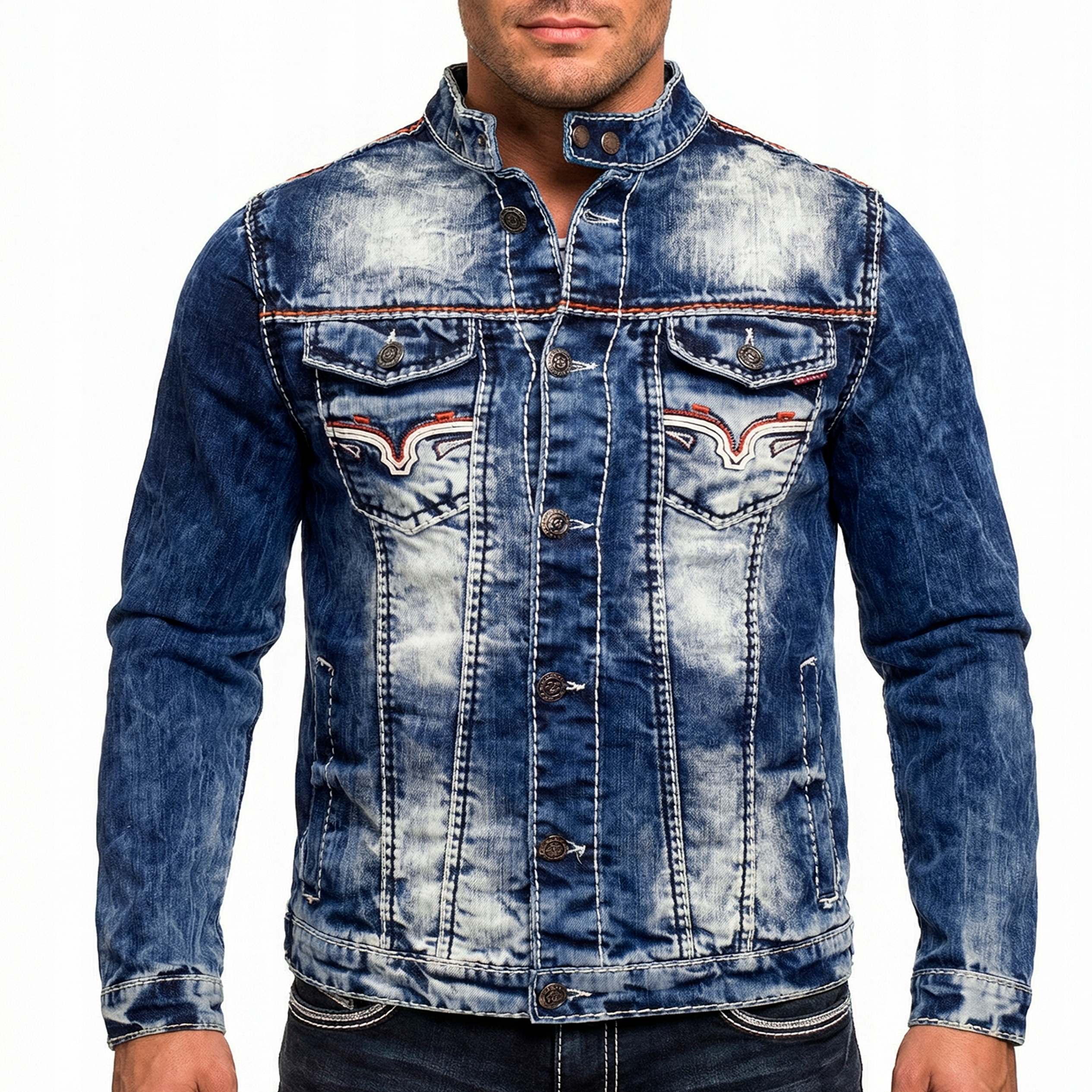 Džínová bunda Katana Přetíratelný stojáček Silná nit Kontrastní švy Džíny