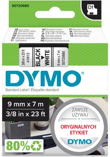 Oryginalna Taśma Dymo D1 41913 samoprzylepna 9mm x 7m biała czarny