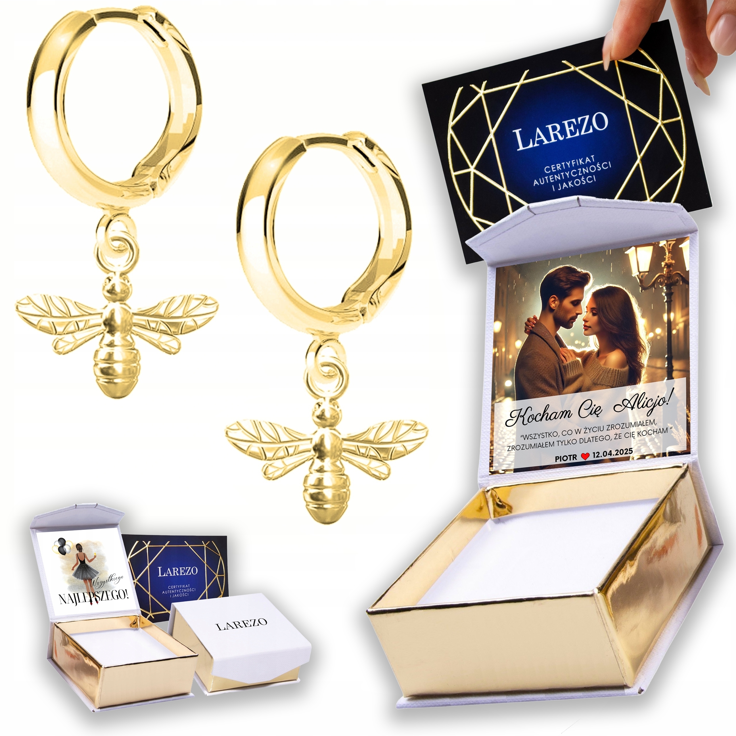 Zlaté Náušnice 925 s včelkami Včely Hmyz Včelka Bee Print