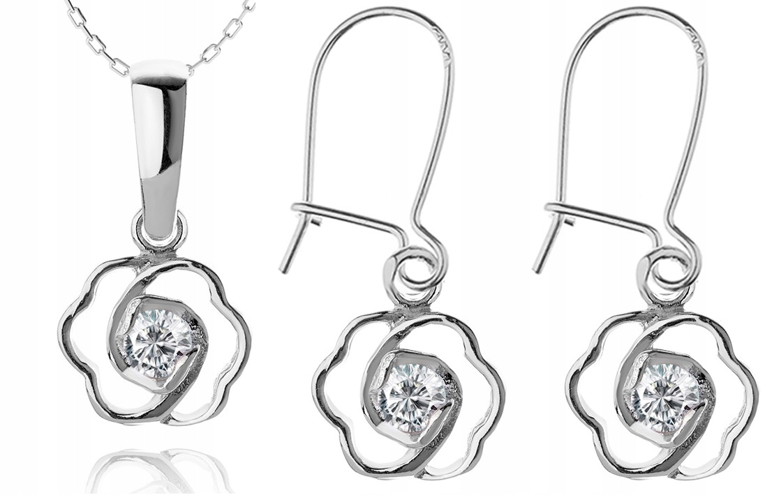 

Komplet Biżuterii Srebrne Kwiatki Z Cyrkoniami 925