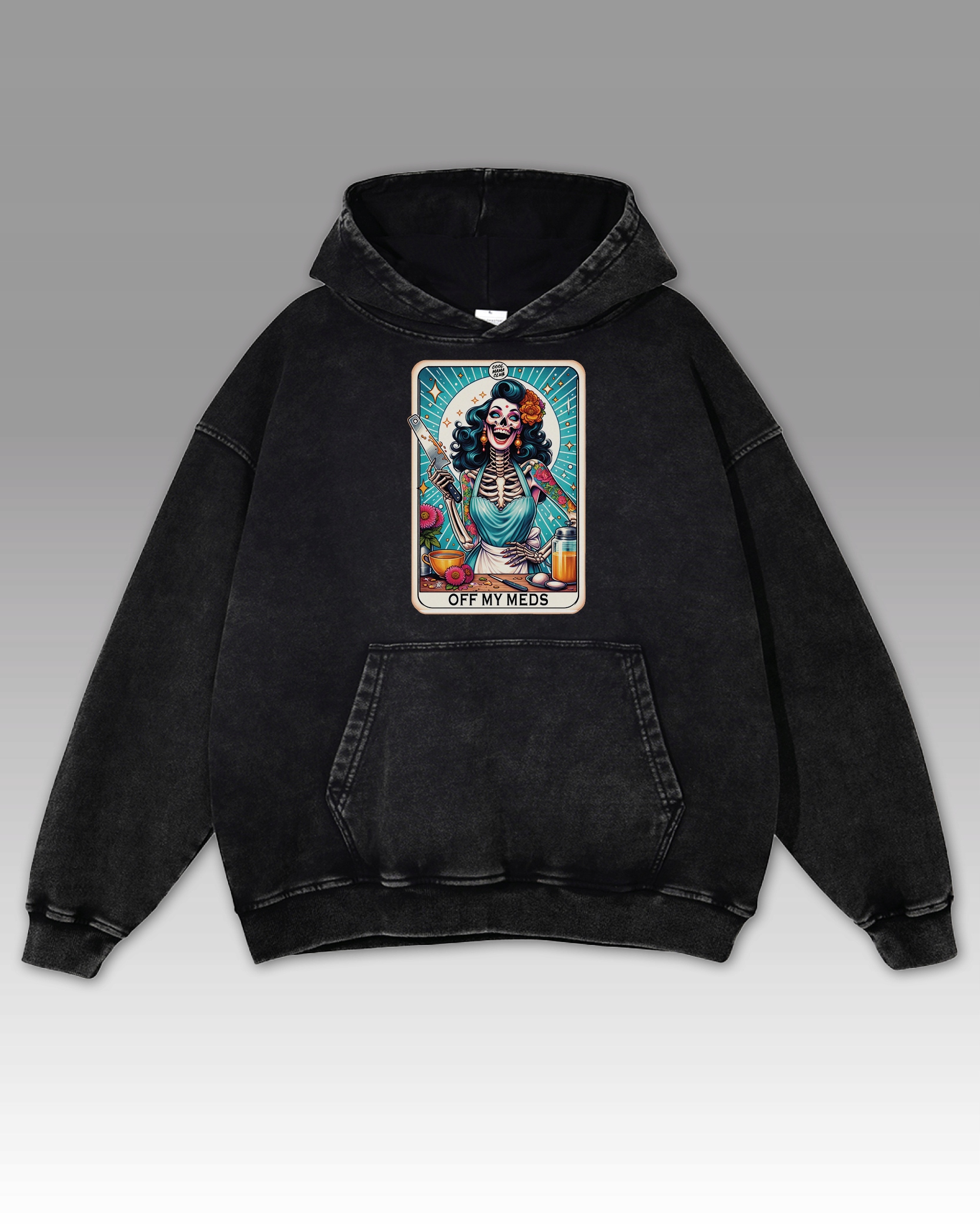 Mikina Off My Meds Temný humor, hrůzostrašný motiv bez léků, černá L