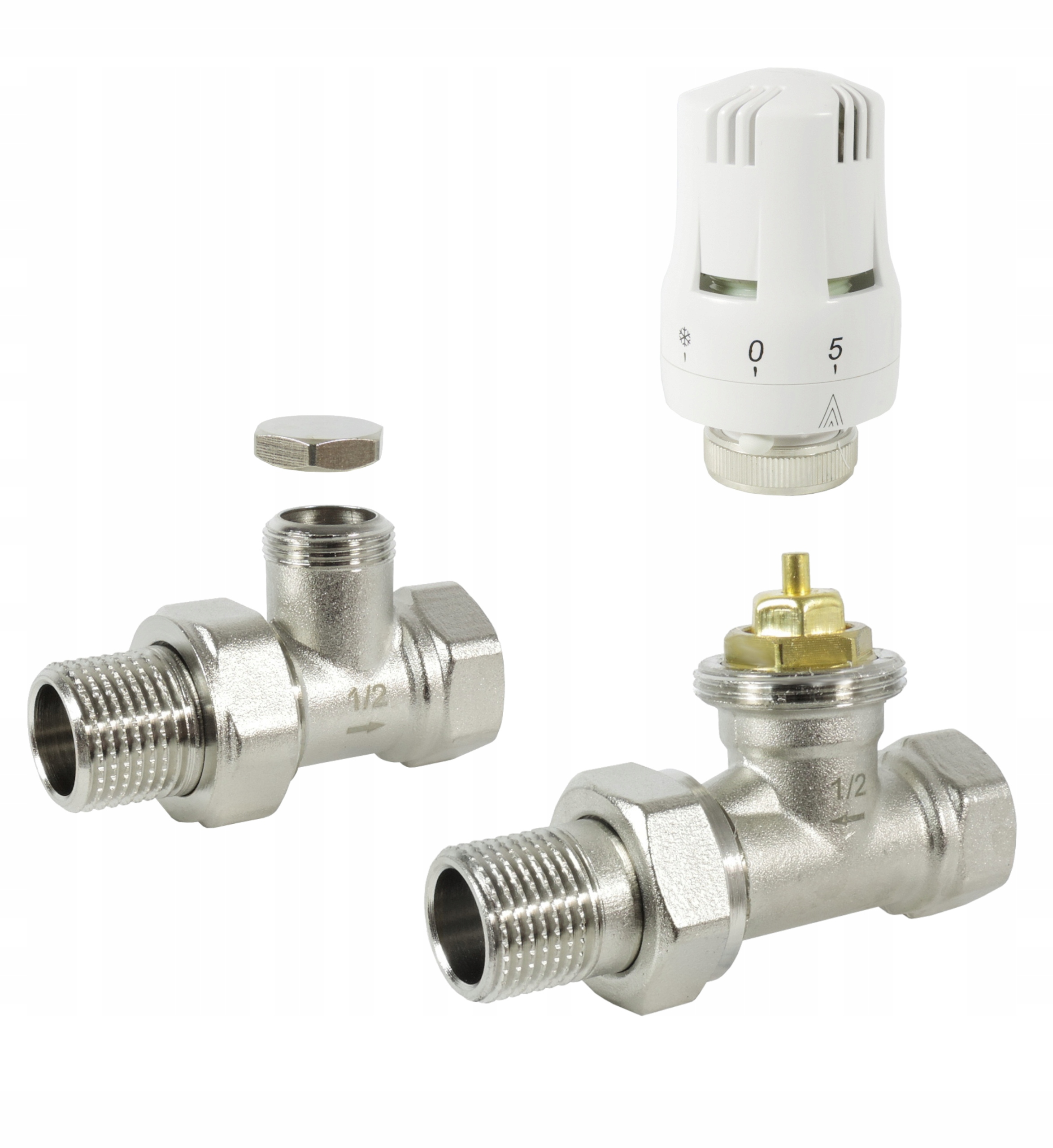 ZESTAW TERMOSTATYCZNY PROSTY ZAWÓR ZASILAJĄCY POWROTNY GŁOWICA DO GRZEJNIKA Stan opakowania oryginalne