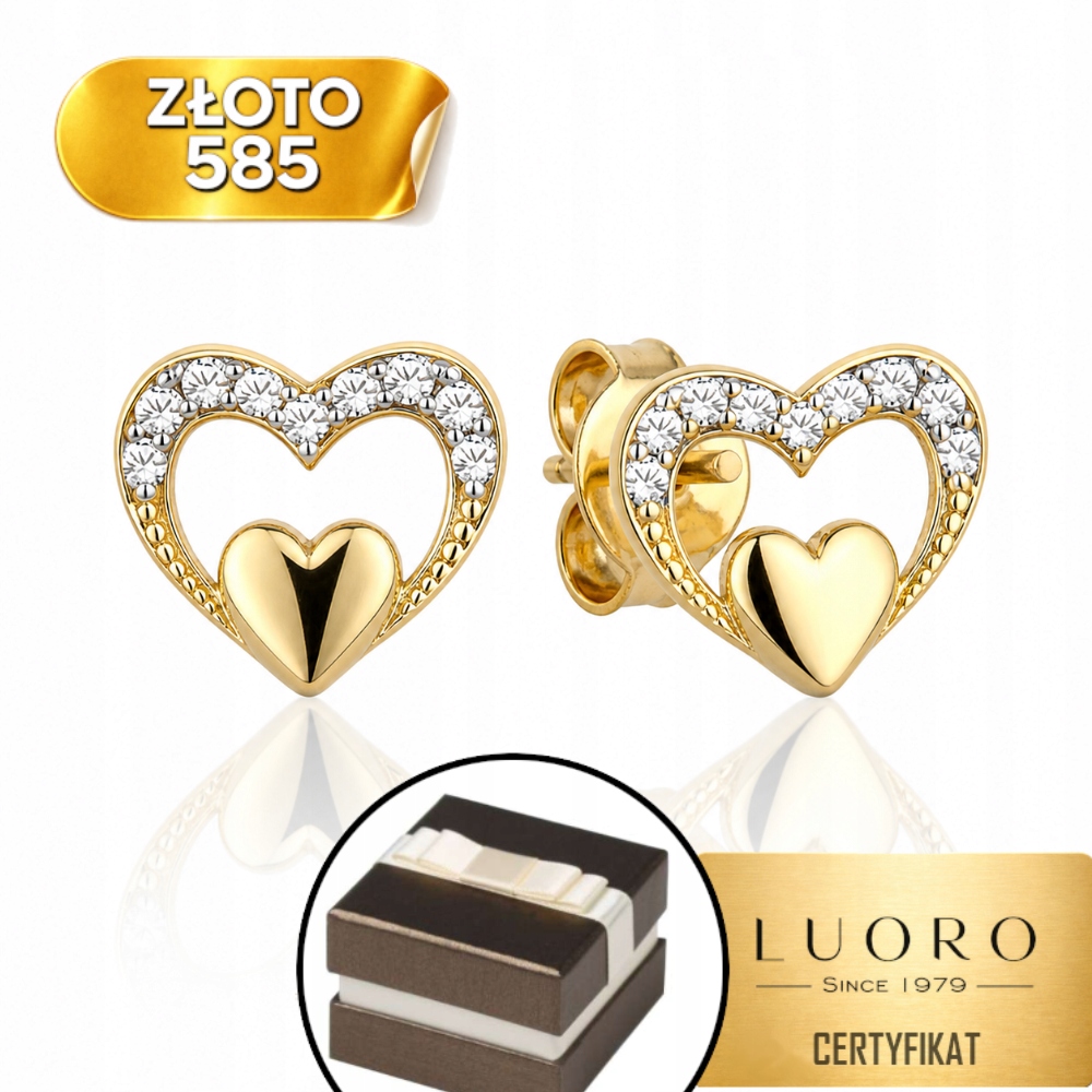 Náušnice Zlaté 585 14K Srdce V Srdci Se Zirkonem Tyčinka 0,8 CM Elegantní