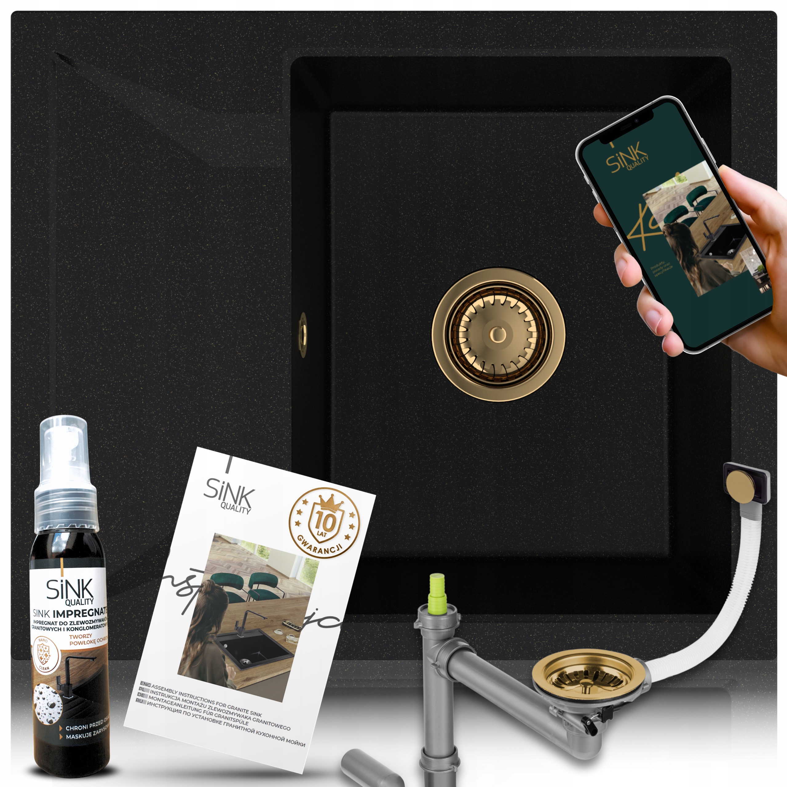 Jednokomorový Granitový Dřez S Odkapávačem, Zlatý, Metalický, Sifon 7V1