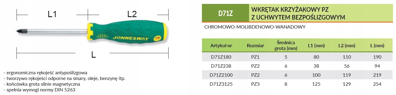 Wkrętak krzyżakowy PZ2 x 100mm D71Z2100 JONNESWAY Liczba elementów pojedyncze