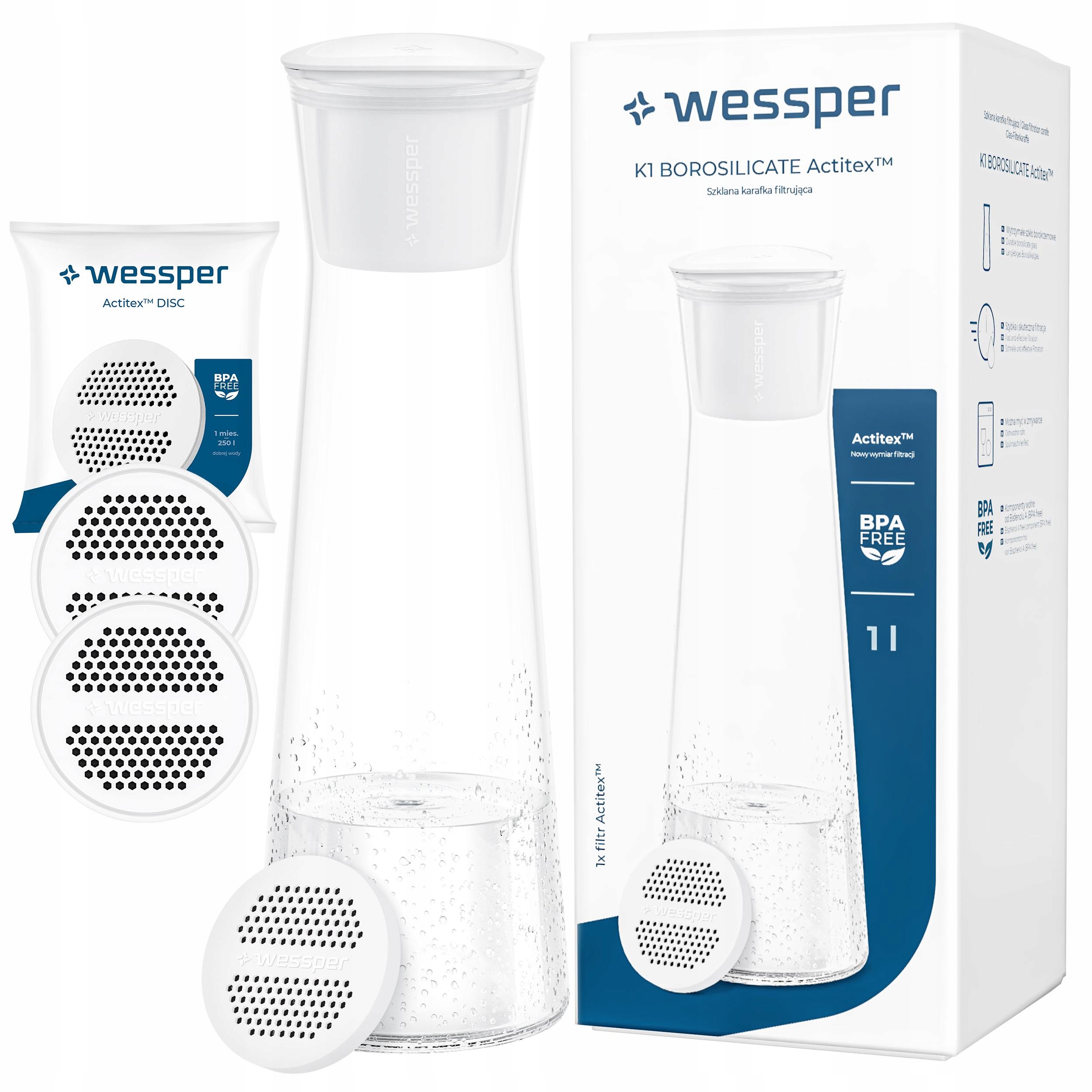 Butelka Szklana Karafka Filtrująca Wessper K1 Borosilicate 1l 3x Filtr