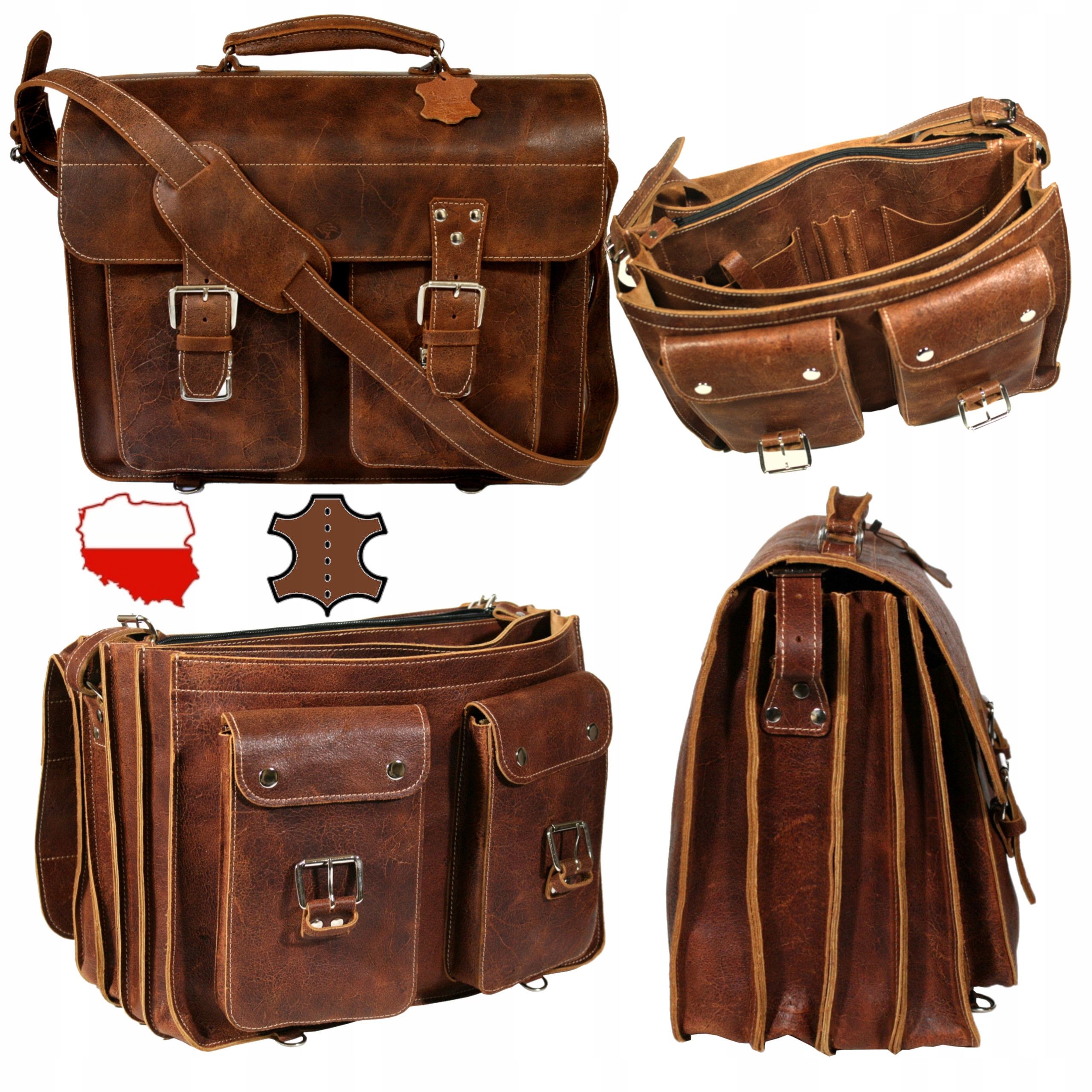 Kožená aktovka hnědá velká pojme notebook 17 polská výroba kůže A4