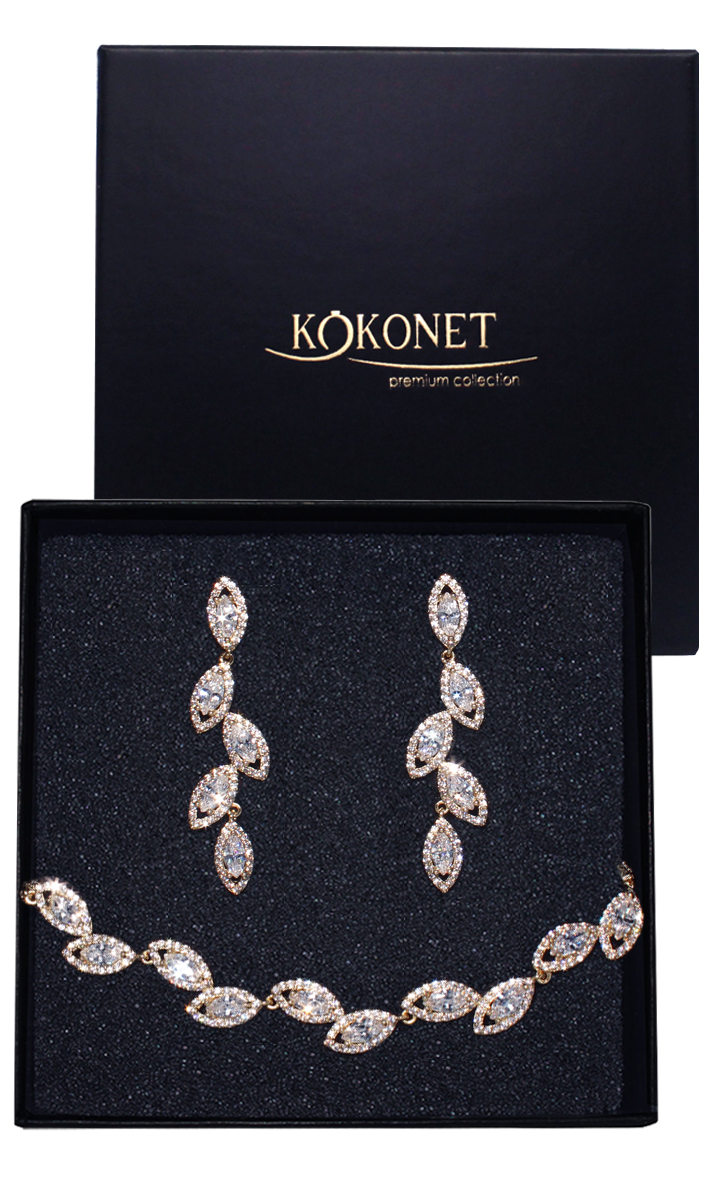 Zlatý svatební set Závěsné náušnice a náramek s rostlinným motivem