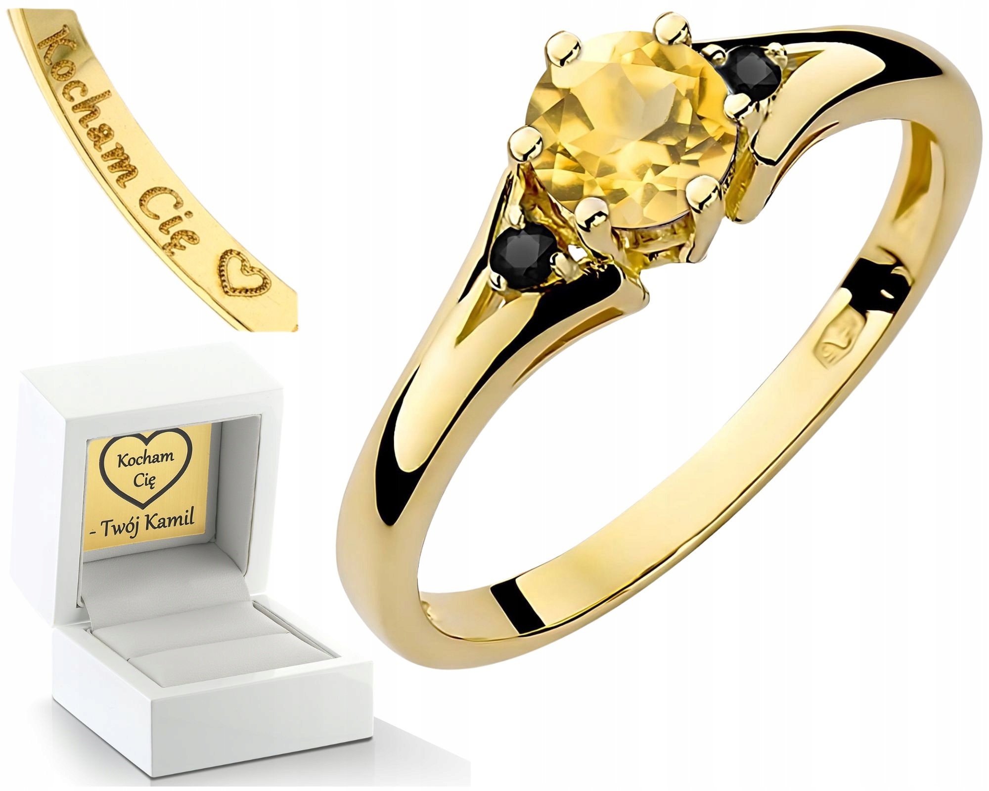Prstýnek Prsten S Citrínem A Černými Diamanty, Gravírování Dárek 585