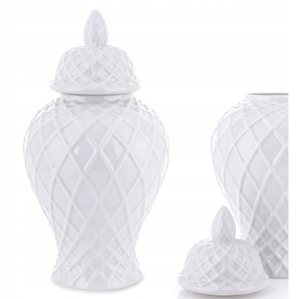Pojemnik Amfora Wazon Ceramiczny Biały 37cm Zdobiony Karo Dekoracyjny 35 40