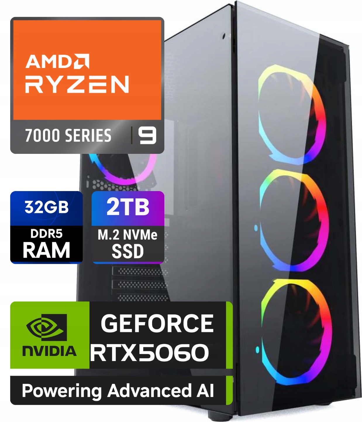 Mocny Pc Gaming Amd Ryzen 9 7900 Nvidia Rtx 5060 DDR5 32GB Ssd 2TB Win11