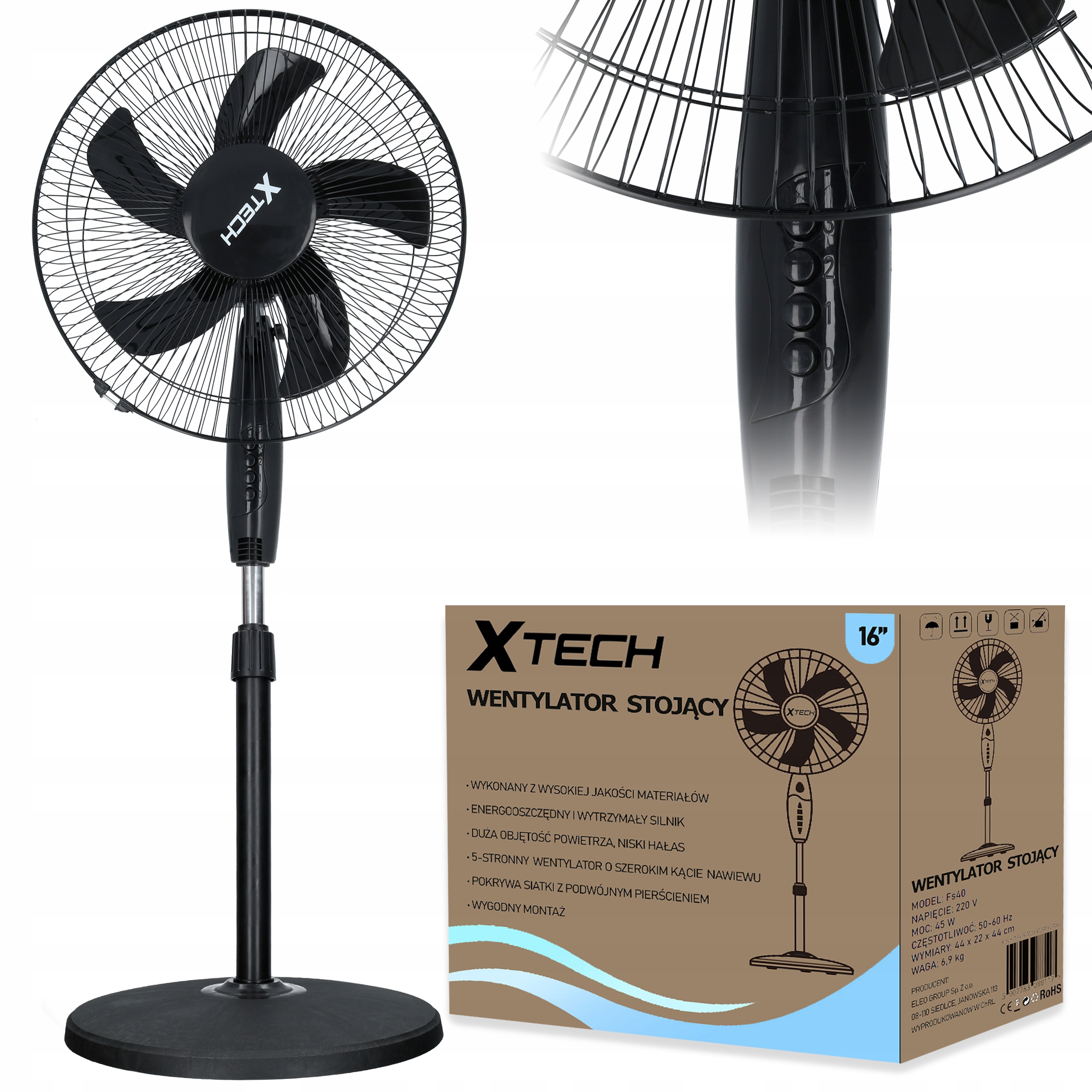 

Xtech Wentylator Wiatrak Stojący Podłogowy Czarny