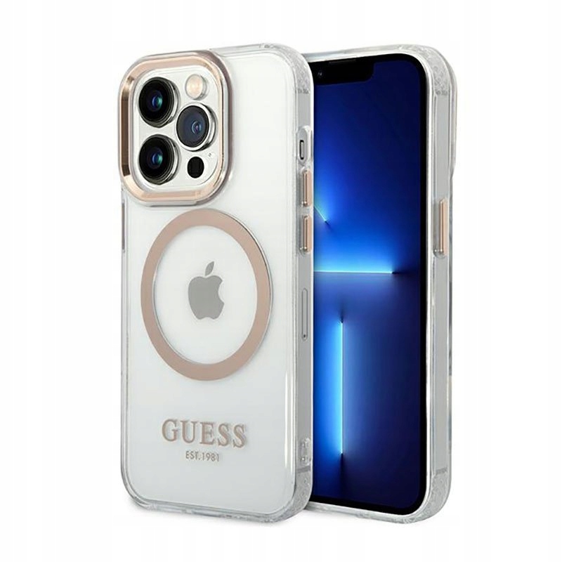 Guess Metal Magsafe – Pouzdro pro iPhone 14 Pro (průhledný zlaté)