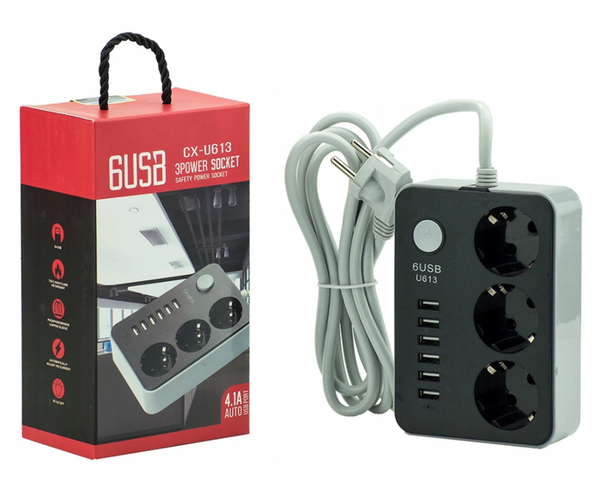 LISTWA ZASILAJĄCA PRZEDŁUŻACZ 3 GNIAZDA Z PORTEM USB X 6 SZT. DŁUGA 1.8 M Marka WI-KRA