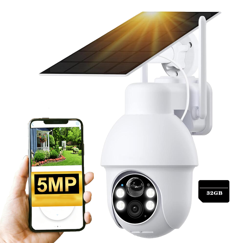 Solární Wi-Fi kamera 5MPX Venkovní otočná bezdrátová Ptz s 32G kartou