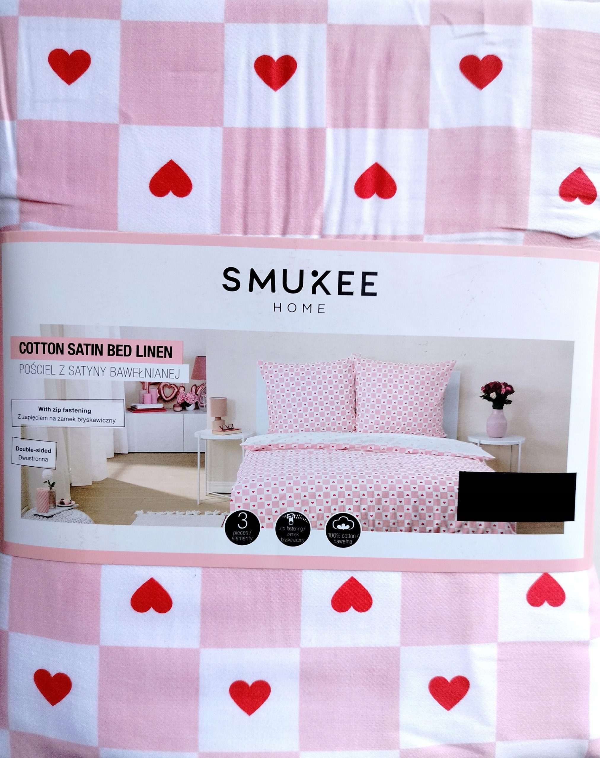 Pościel z satyny bawełnianej w serduszka 160x200 cm Kratka Walentynki