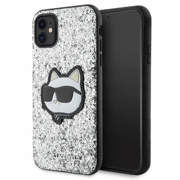Pouzdro Karl Lagerfeld Glitter Choupette Patch pro iPhone 11 Xr stříbrné