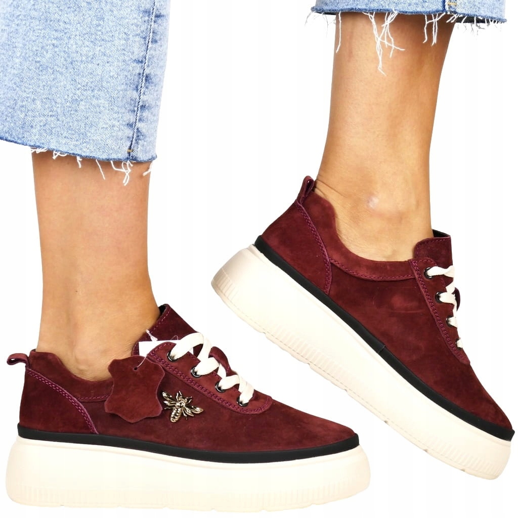 Dámské Kožené Tenisky Na Platformě S Včelkou, Vínová Kůže
