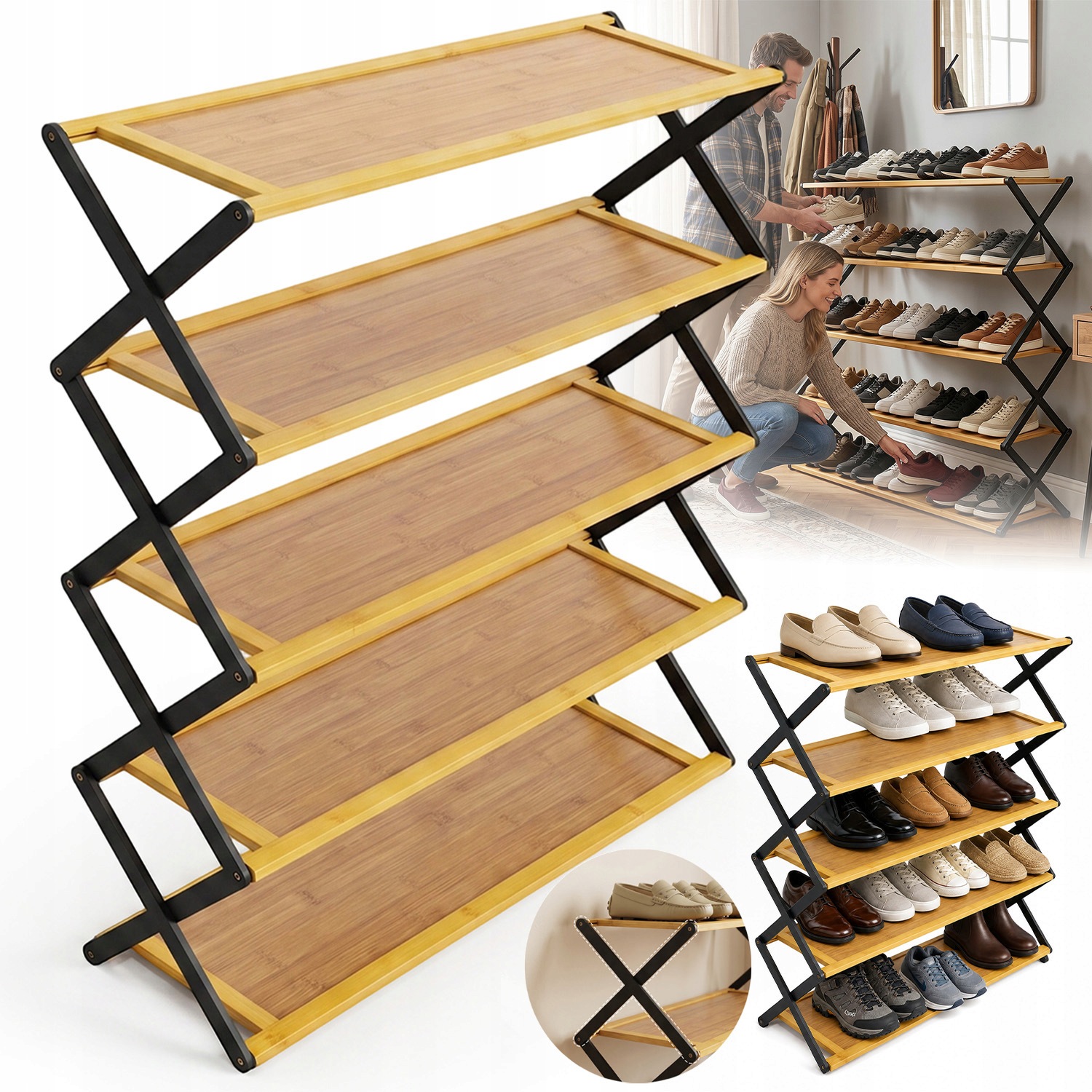 Regál Na Boty 5 Úrovní Bambusový, Skládací, Bez Montáže, Organizér 80*72*20 CM