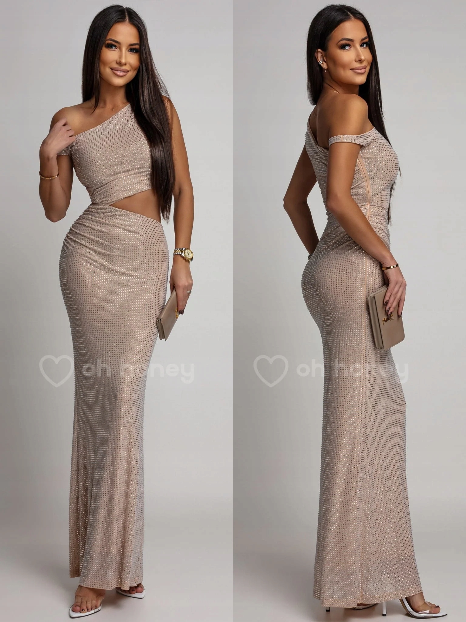 Šaty Maxi s zirkony a výstřihem Béžová Dolce M