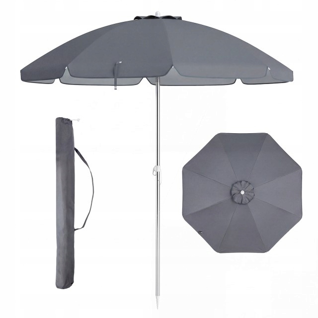 Costway Parasol Plażowy Ogrodowy 178 cm Okrągły Szary Nachylany
