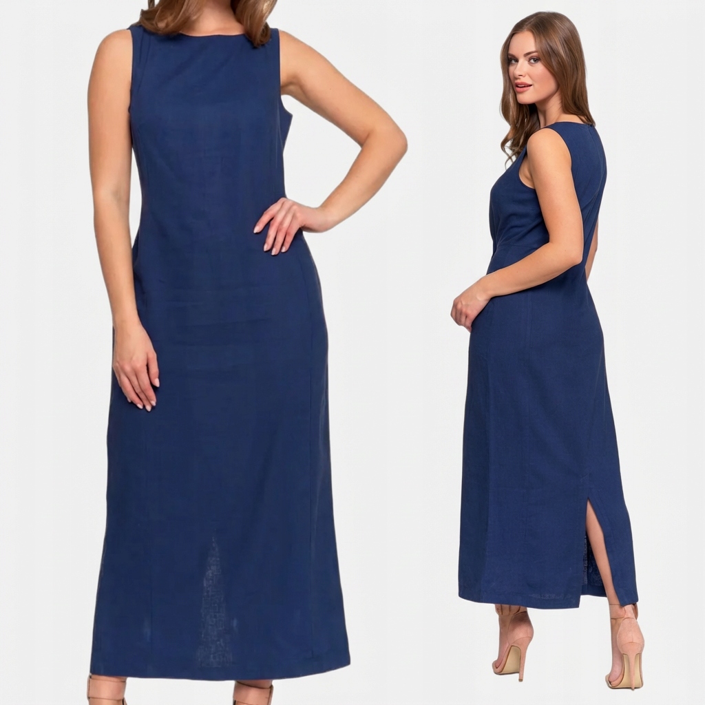 Sukienka Damska Lniana Maxi Przewiewna Moraj Niebieski M