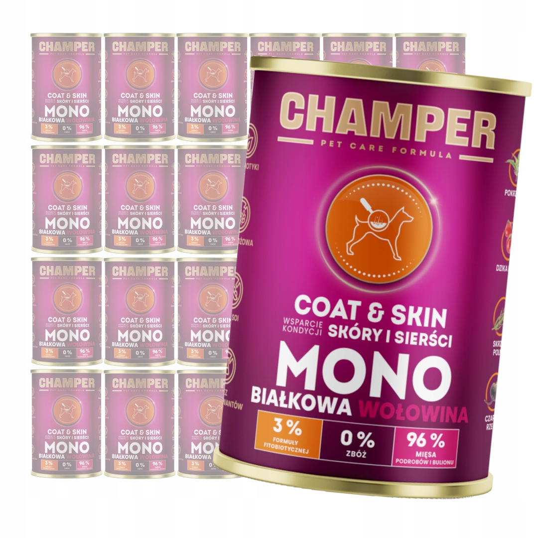 Levně Champer Coat & Skin 24x400 g Monoproteinové Vlhké Krmivo pro psy s hovězím masem