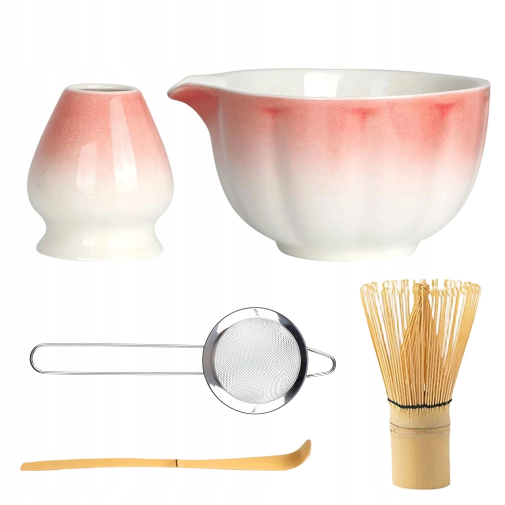 Levně Keramický Set Matcha Růžový Gradient Miska Vločka Metlička Bambus