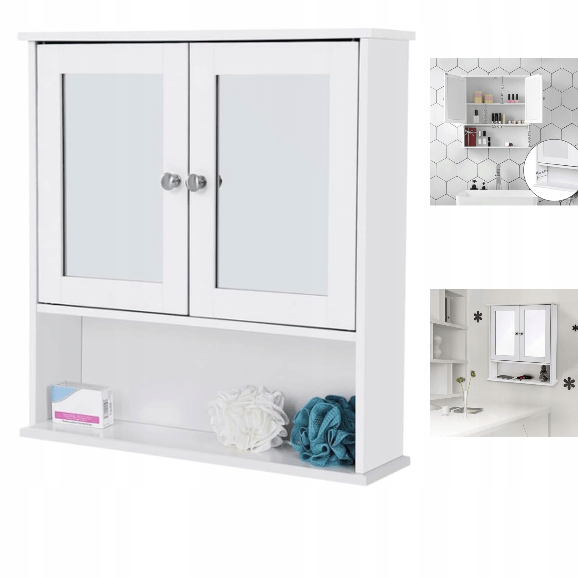 Koupelnová skříňka se zrcadlovými dveřmi a policí, bílá, 56x58x13 cm, Mdf