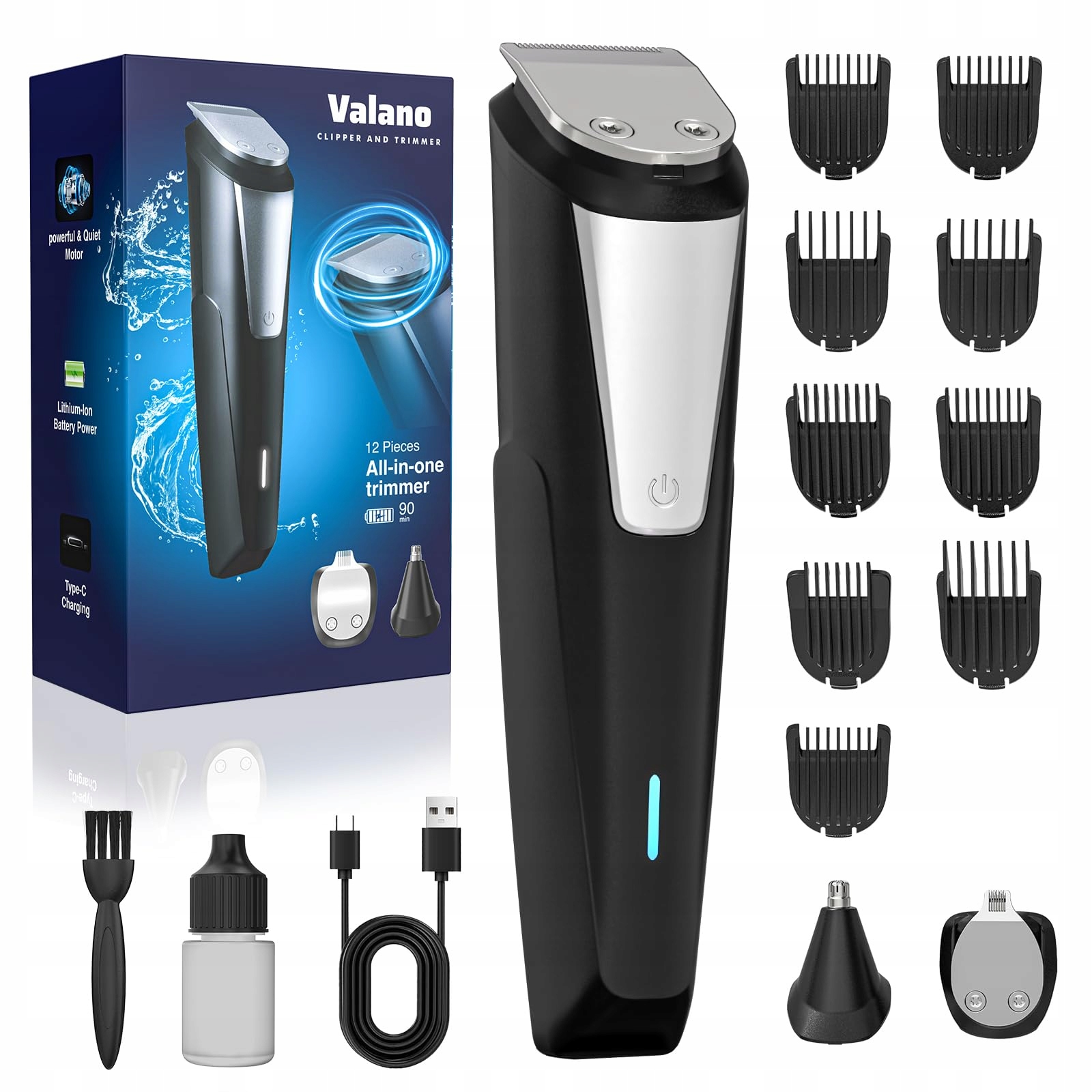 Valano Maszynka Do Włosów Trymer Do Brody 3w1 Zestaw Usb 9 Nasadek 1-16 mm