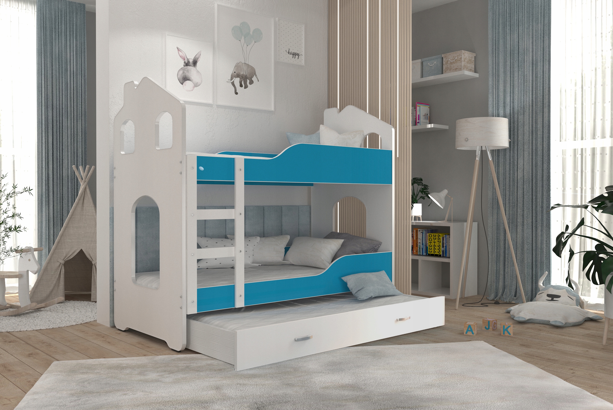 Łóżko piętrowe 190x80 DOMINIK DOMEK 3-osobowe Marka AJKmeble