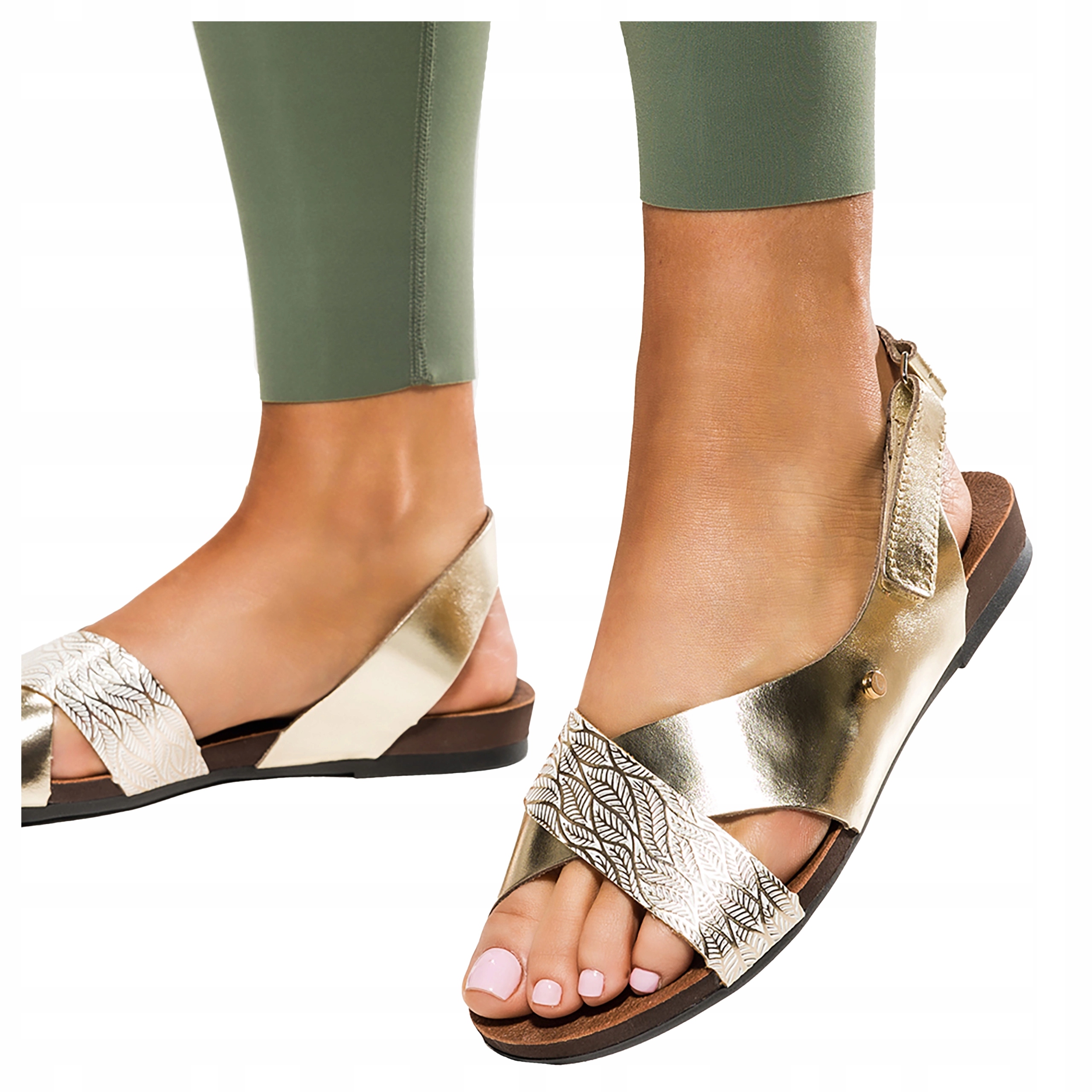 Zlaté Dámské Kožené Sandály Ploché Na Suchý Zip Módní Pásky Na Kříž vel. 39