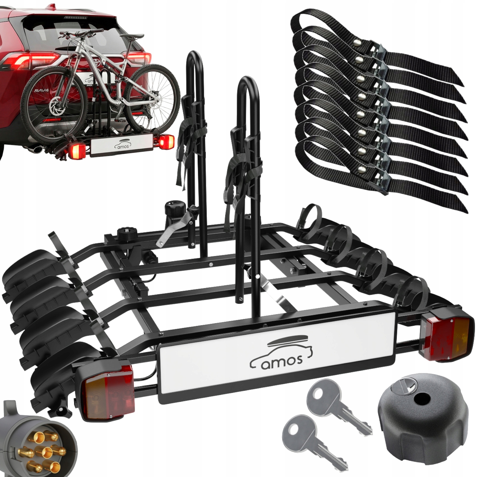 Bagażnik rowerowy na hak 4 rowery Amos TYTAN 7pin uchylany 75 kg czarny