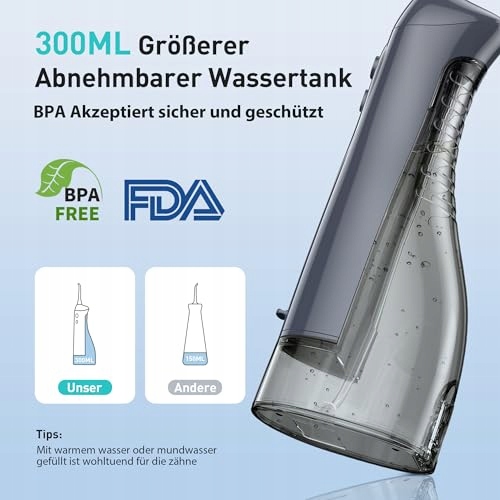 COSLUS Bezprzewodowy Irygator Do Zębów 300ML IPX7 Podróżny Szary — miniatura 6